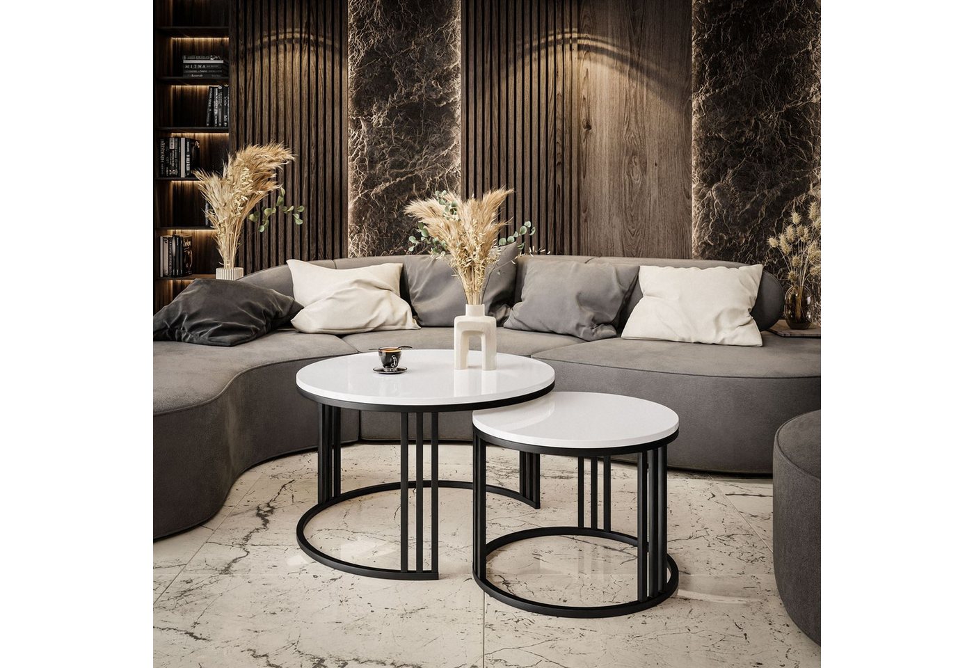 Lookway Couchtisch LORI 2in1 mit Hochglanz Platte (2er Set), Durchmesser: ⌀70 cm und ⌀50 cm, Höhe: 48 cm und 42 cm – Bild 2 von 4