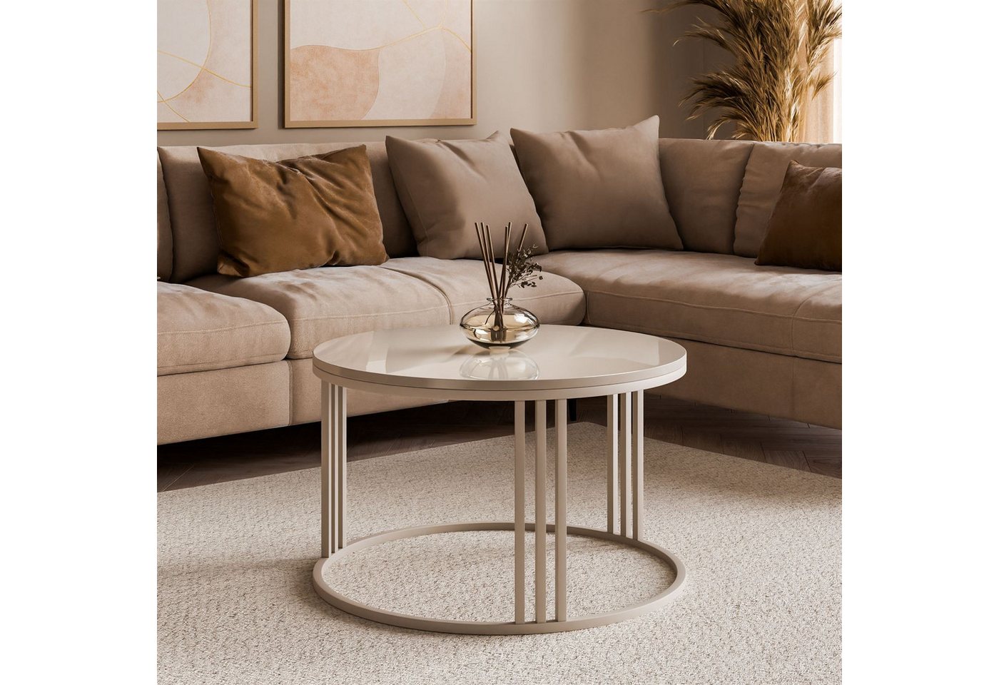 Lookway Couchtisch LORI HOCHGLANZ, runder Couchtisch mit kaschmirfarbenem Gestell (1x Tisch), 70x48x70 cm – Bild 2 von 5