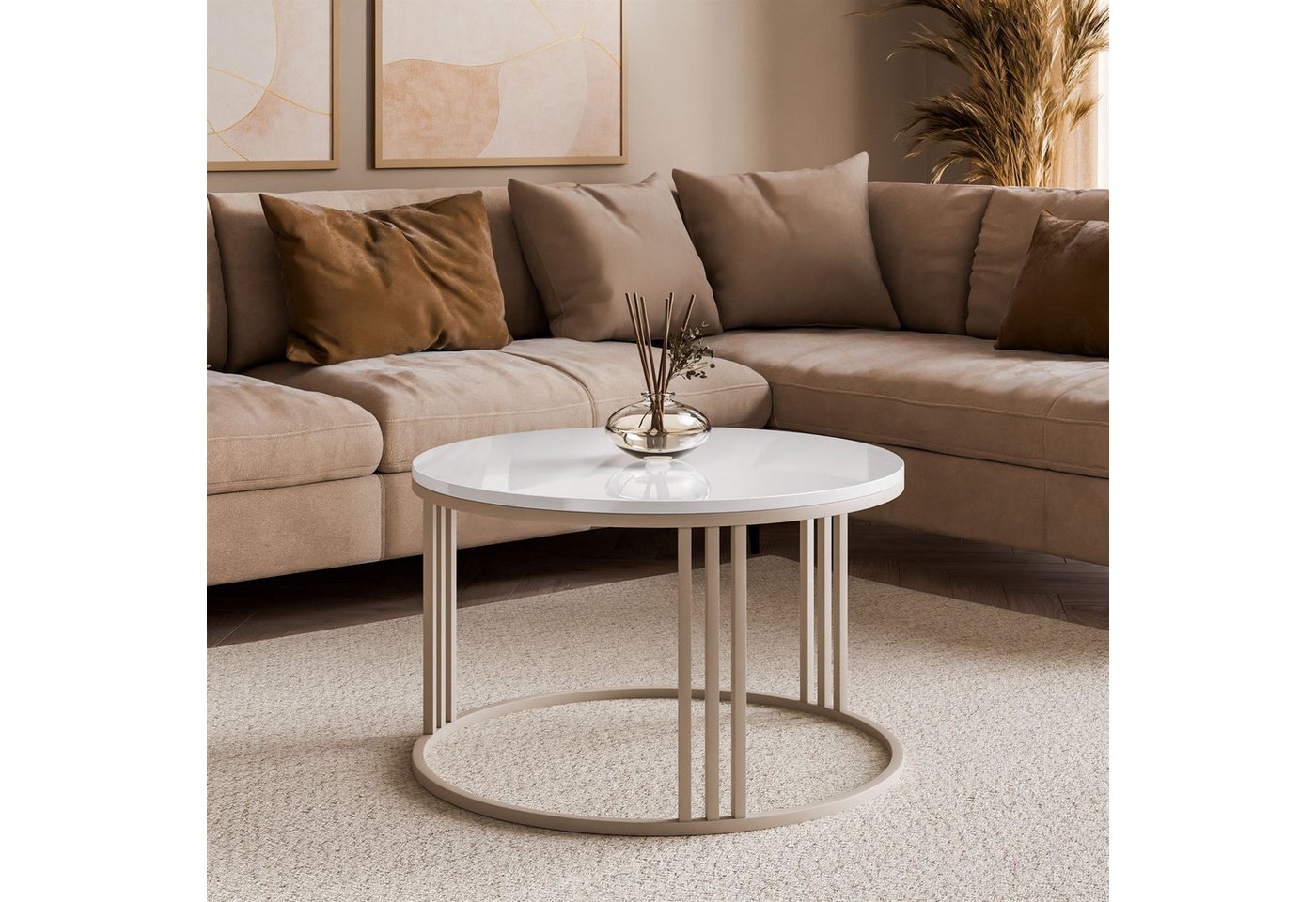 Lookway Couchtisch LORI HOCHGLANZ, runder Couchtisch mit kaschmirfarbenem Gestell (1x Tisch), 70x48x70 cm – Bild 2 von 5