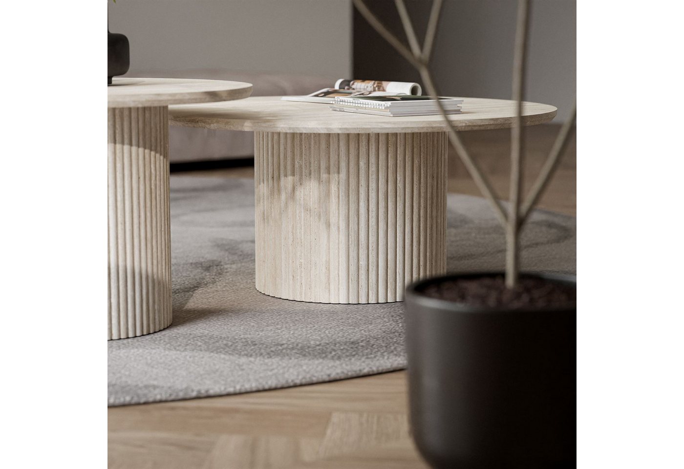 Lookway Couchtisch OVI-Tischset mit geriffelter Basis (2er Set), Durchmesser: ⌀80 cm und ⌀60 cm, Höhe: 36/42 cm – Bild 4 von 5