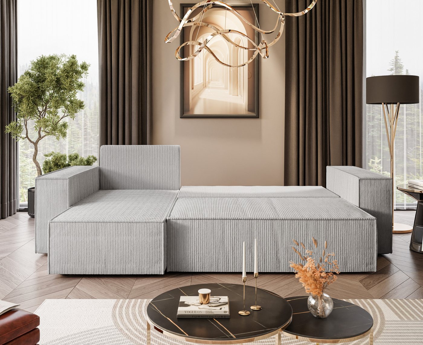 Lookway Ecksofa Gepolstertes CARLOS L-Form, Cord-Stoff, mit Schlaffunktion und Bettkasten, Seite universal, 244/277x83x142 cm – Bild 2 von 5