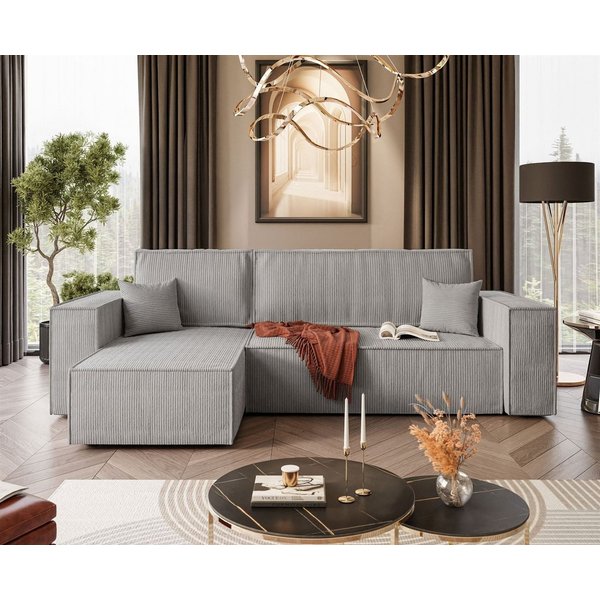 Lookway Ecksofa Gepolstertes CARLOS L-Form, Cord-Stoff, mit Schlaffunktion und Bettkasten, Seite universal, 244/277x83x142 cm