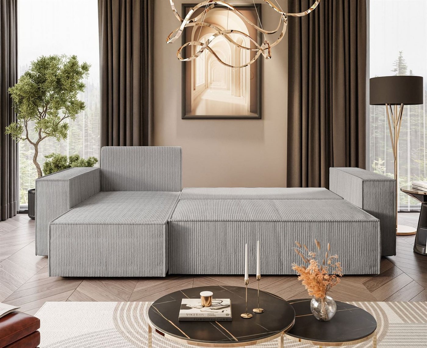 Lookway Ecksofa Gepolstertes CARLOS L-Form, Cord-Stoff, mit Schlaffunktion und Bettkasten, Seite universal, 244/277x83x142 cm – Bild 2 von 5