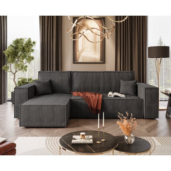 Lookway Ecksofa Gepolstertes CARLOS L-Form, Cord-Stoff, mit Schlaffunktion und Bettkasten, Seite universal, 244/277x83x142 cm
