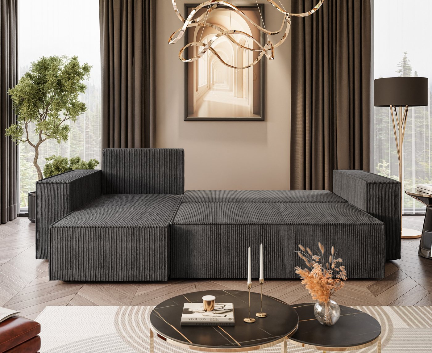 Lookway Ecksofa Gepolstertes CARLOS L-Form, Cord-Stoff, mit Schlaffunktion und Bettkasten, Seite universal, 244/277x83x142 cm – Bild 2 von 5