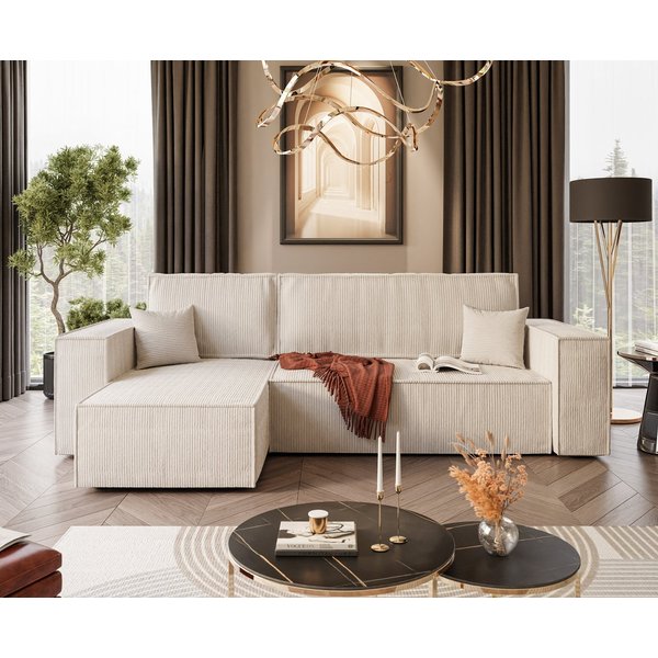 Lookway Ecksofa Gepolstertes CARLOS L-Form, Cord-Stoff, mit Schlaffunktion und Bettkasten, Seite universal, 244/277x83x142 cm