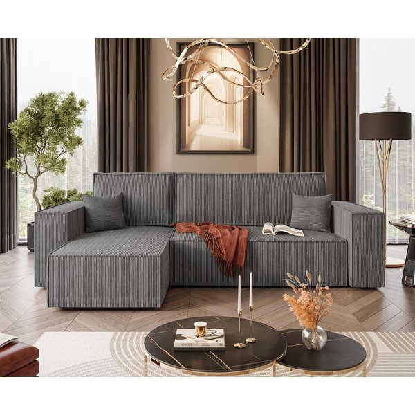Lookway Ecksofa Gepolstertes CARLOS L-Form, Cord-Stoff, mit Schlaffunktion und Bettkasten, Seite universal, 244/277x83x142 cm