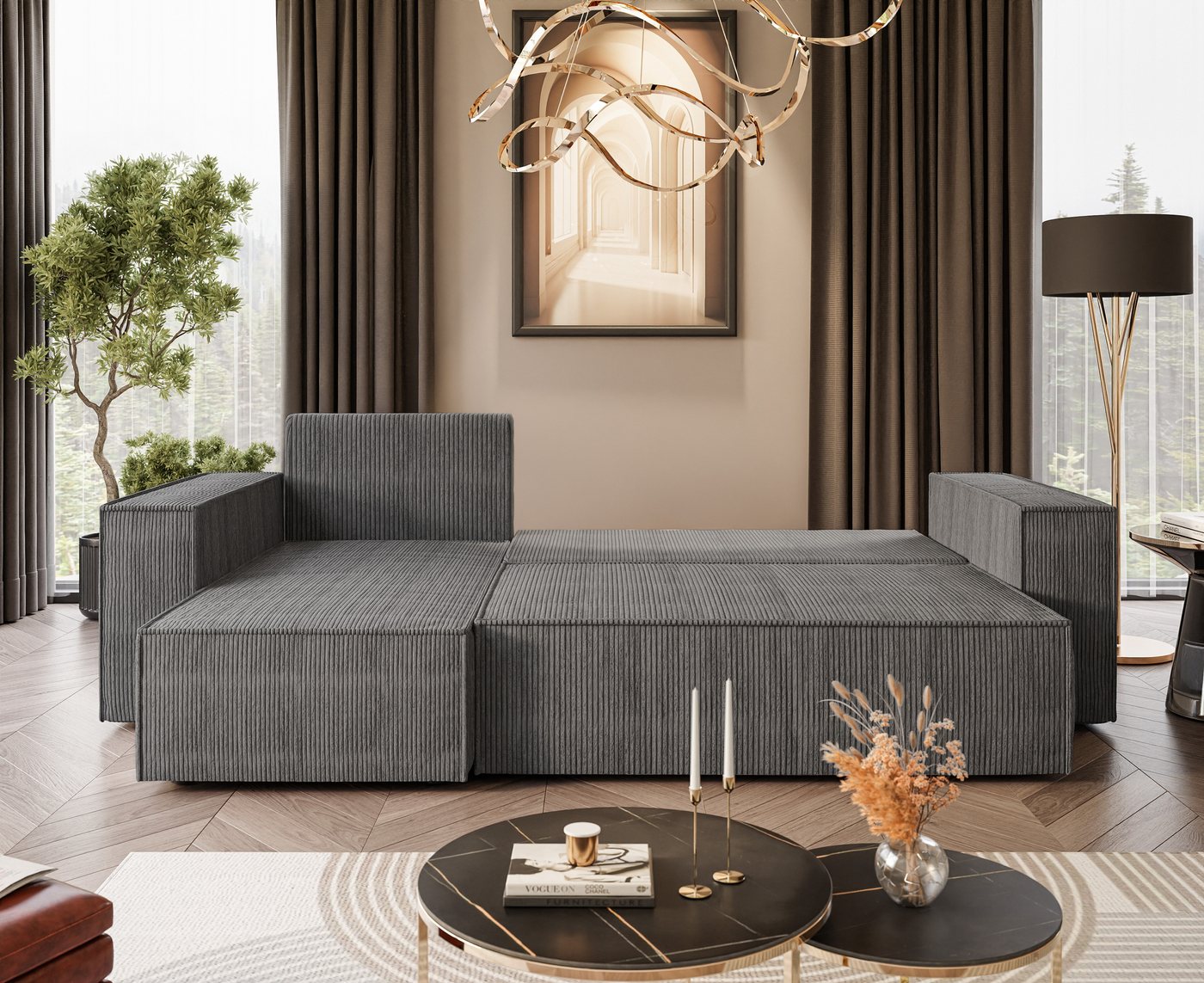 Lookway Ecksofa Gepolstertes CARLOS L-Form, Cord-Stoff, mit Schlaffunktion und Bettkasten, Seite universal, 244/277x83x142 cm – Bild 2 von 5