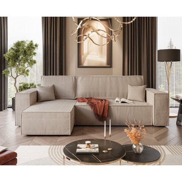 Lookway Ecksofa Gepolstertes CARLOS L-Form, Cord-Stoff, mit Schlaffunktion und Bettkasten, Seite universal, 244/277x83x142 cm