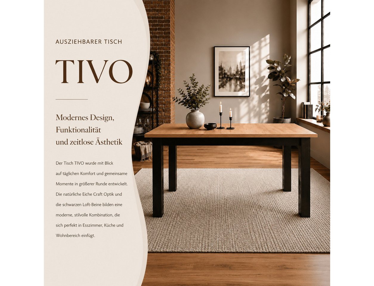 Lookway Esstisch TIVO, ausziehbar, 120–160 cm (1 Tisch), Länge: 120–160 cm, Höhe: 78,5 cm. – Bild 2 von 5