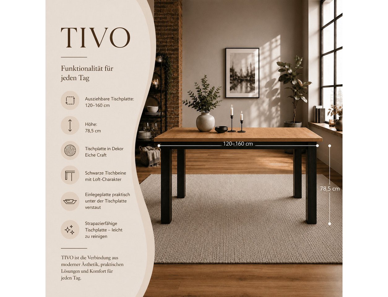 Lookway Esstisch TIVO, ausziehbar, 120–160 cm (1 Tisch), Länge: 120–160 cm, Höhe: 78,5 cm. – Bild 3 von 5