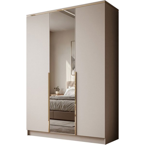 Lookway Kleiderschrank AURORA 3D KASCHMIR mit Spiegel Drehtürenschrank mit 3 Türen (Kleiderschrank mit stilvoller Umrandung in Goldoptik) 150x213x55