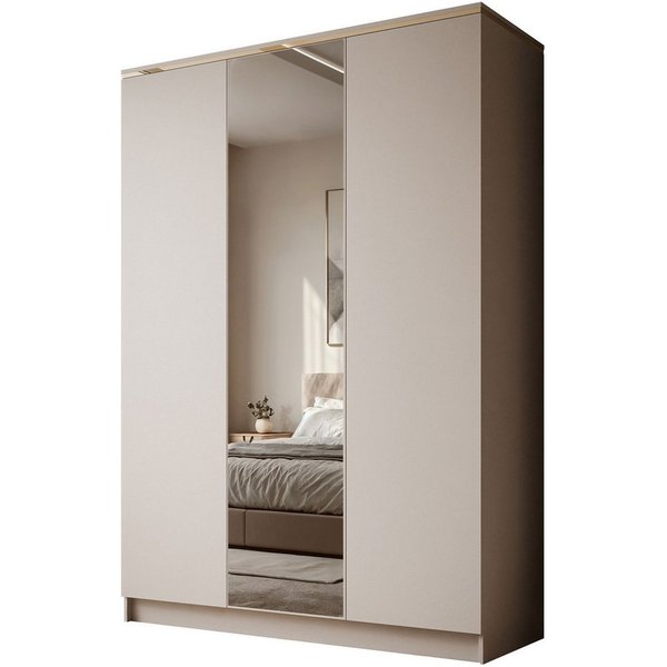 Lookway Kleiderschrank AURORA 3D KASCHMIR mit Spiegel Drehtürenschrank mit 3 Türen (Kleiderschrank mit stilvoller Umrandung in Goldoptik) 150x213x55