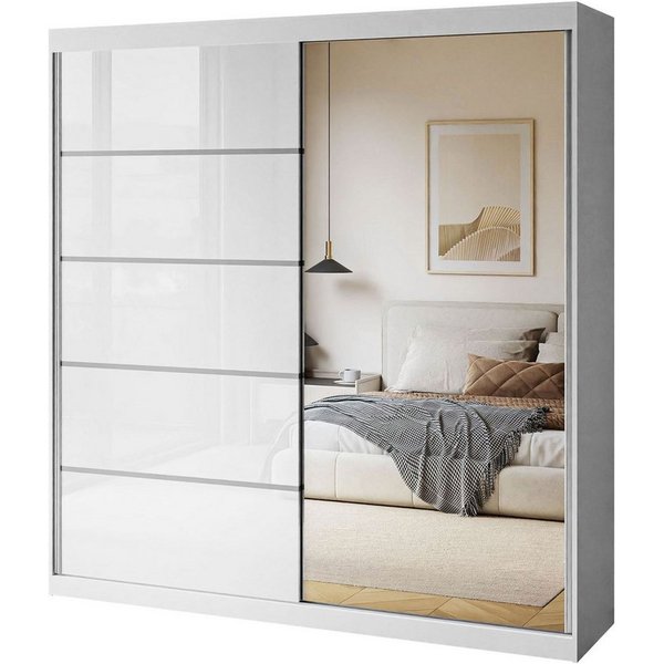 Lookway Kleiderschrank BASTER II PLUS GLOSSY mit Spiegel weiß glänzend/ Weiß hochglanz 200x58x215 cm