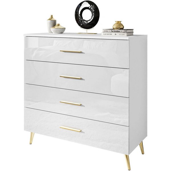 Lookway Kommode AURA 4S Weiß mit Schubladen und Griffe, 95x40x90 cm