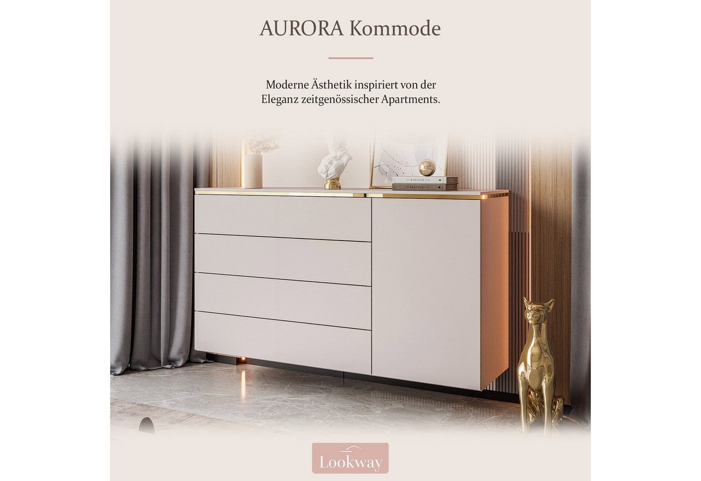 Lookway Kommode AURORA 4S1D Anrichte in KASCHMIR Schubladenschrank, 140x76/90/91x40 cm – Bild 2 von 5