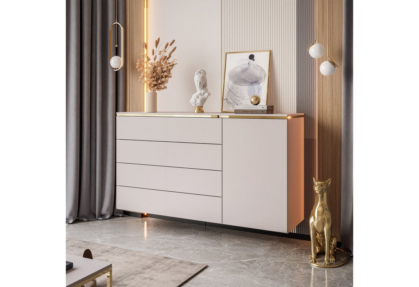 Lookway Kommode AURORA 4S1D Anrichte in KASCHMIR Schubladenschrank, 140x76/90/91x40 cm – Bild 4 von 5
