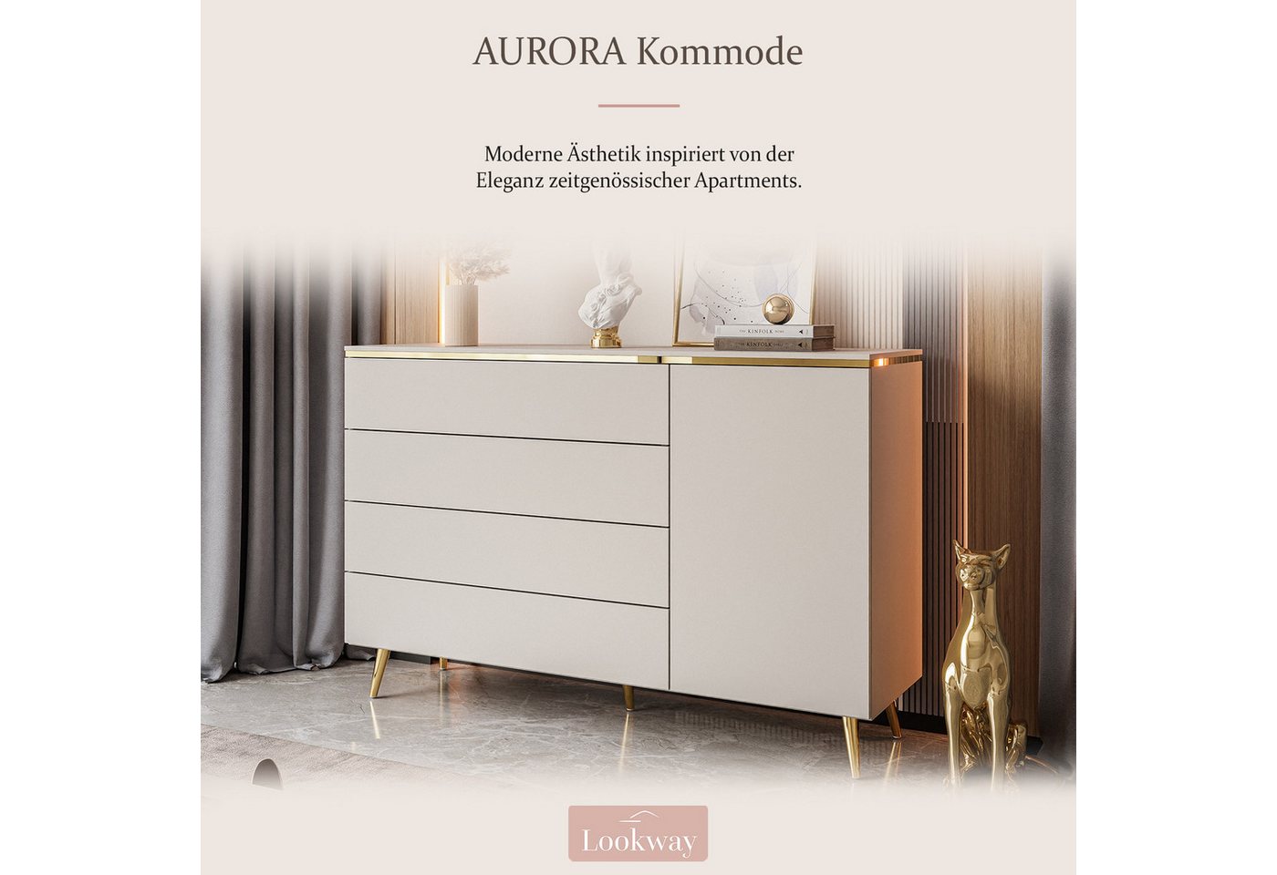 Lookway Kommode AURORA 4S1D Anrichte in KASCHMIR Schubladenschrank, 140x76/90/91x40 cm – Bild 2 von 5
