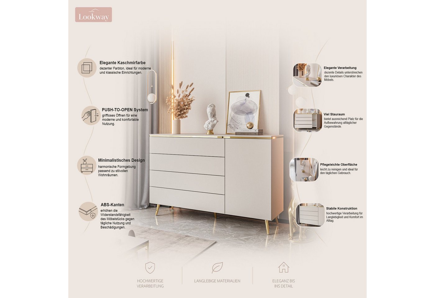 Lookway Kommode AURORA 4S1D Anrichte in KASCHMIR Schubladenschrank, 140x76/90/91x40 cm – Bild 3 von 5