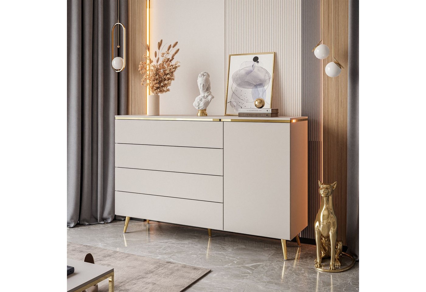 Lookway Kommode AURORA 4S1D Anrichte in KASCHMIR Schubladenschrank, 140x76/90/91x40 cm – Bild 4 von 5
