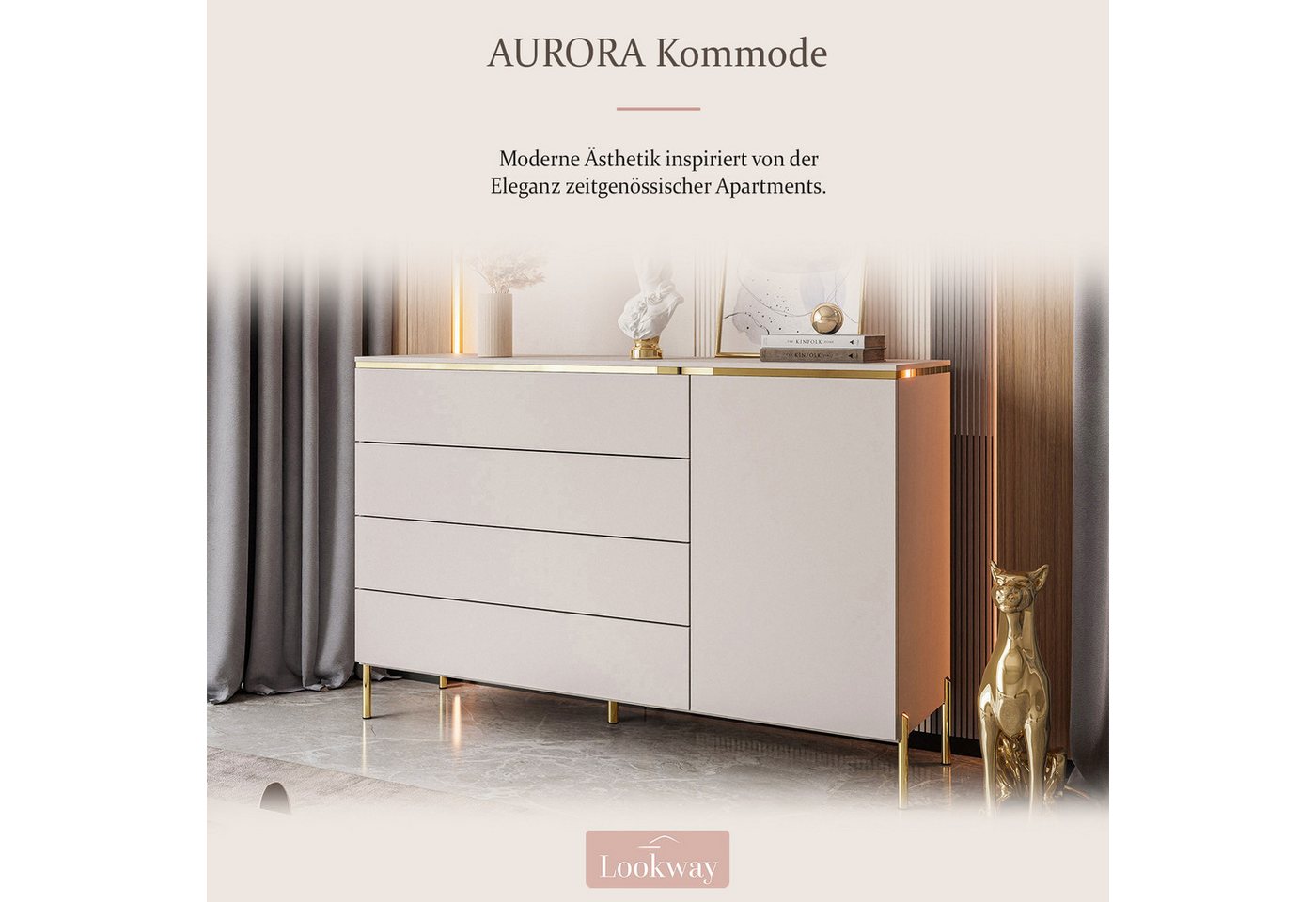 Lookway Kommode AURORA 4S1D Anrichte in KASCHMIR Schubladenschrank, 140x76/90/91x40 cm – Bild 2 von 5