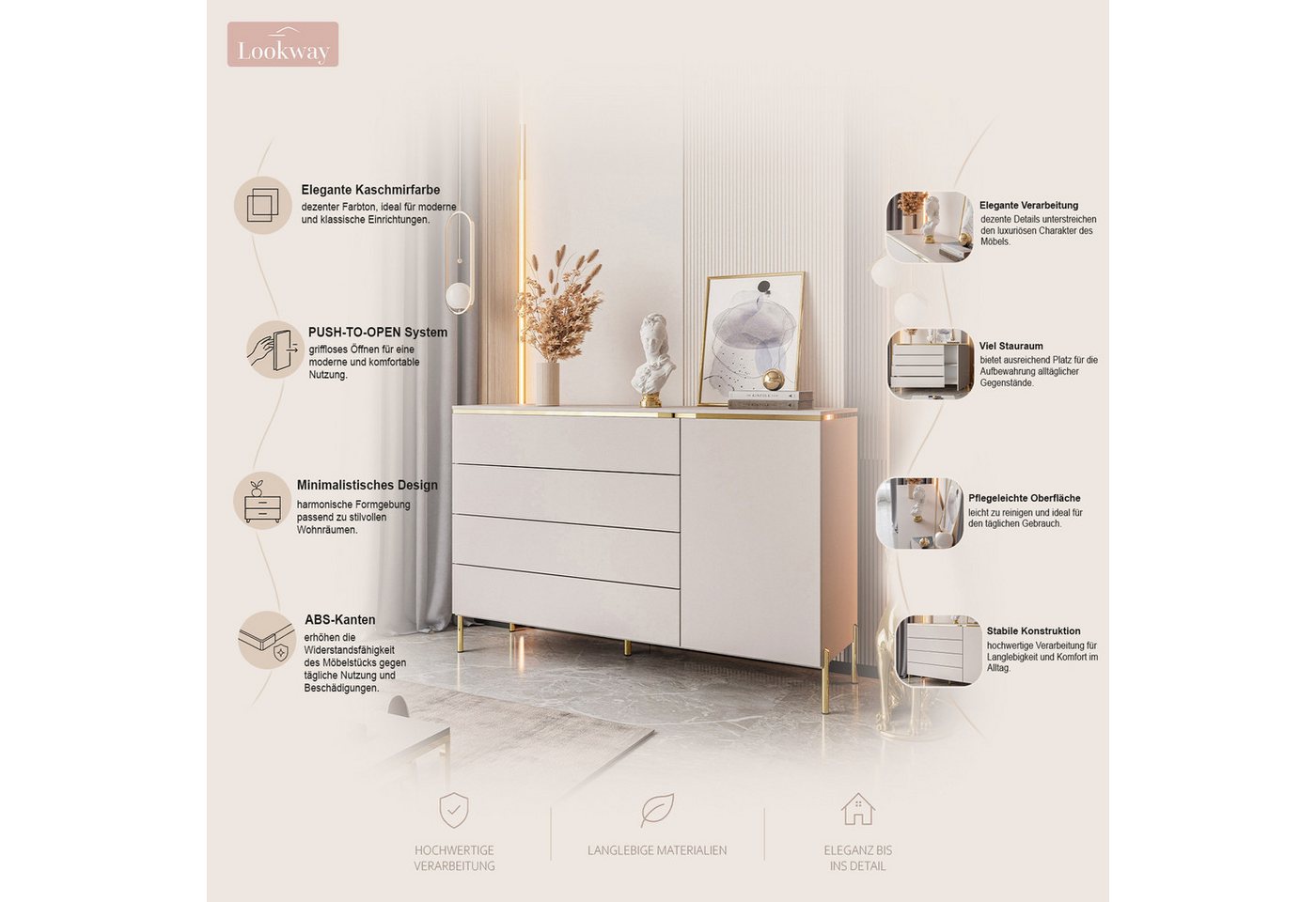 Lookway Kommode AURORA 4S1D Anrichte in KASCHMIR Schubladenschrank, 140x76/90/91x40 cm – Bild 3 von 5