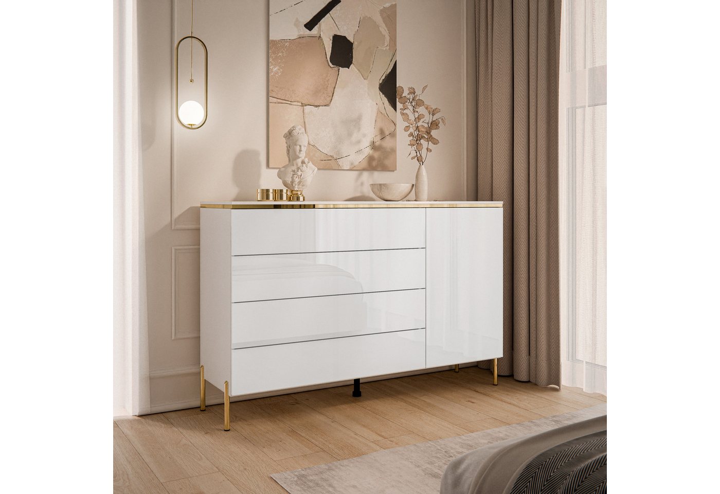 Lookway Kommode AURORA 4S1D weiß glänzend Anrichte mit Schubladen, Breite: 140 cm, Tiefe: 40 cm – Bild 2 von 5