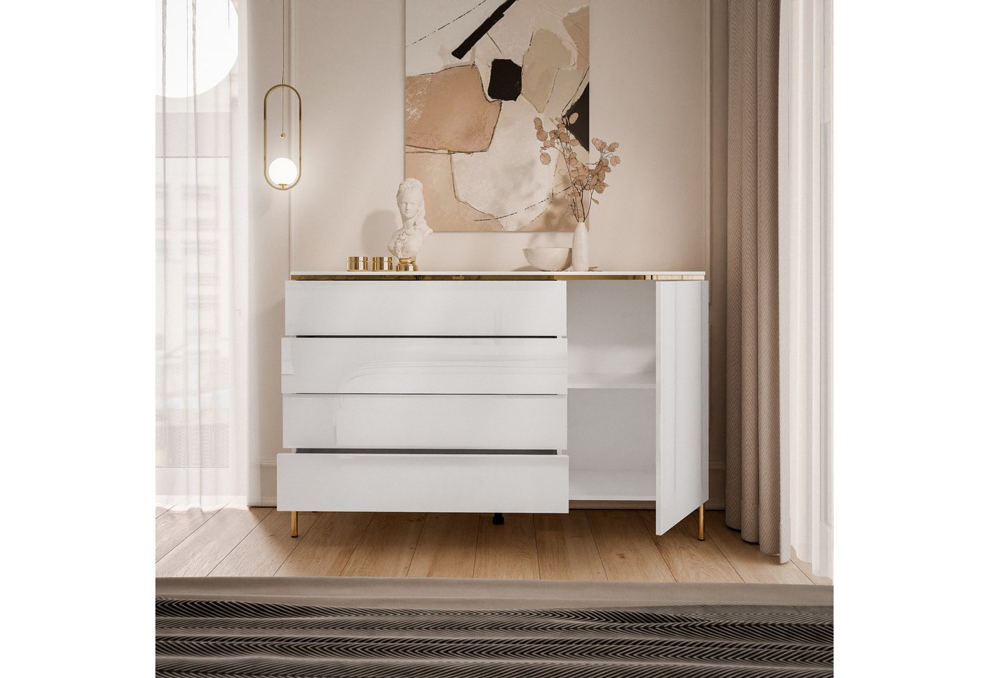 Lookway Kommode AURORA 4S1D weiß glänzend Anrichte mit Schubladen, Breite: 140 cm, Tiefe: 40 cm – Bild 3 von 5