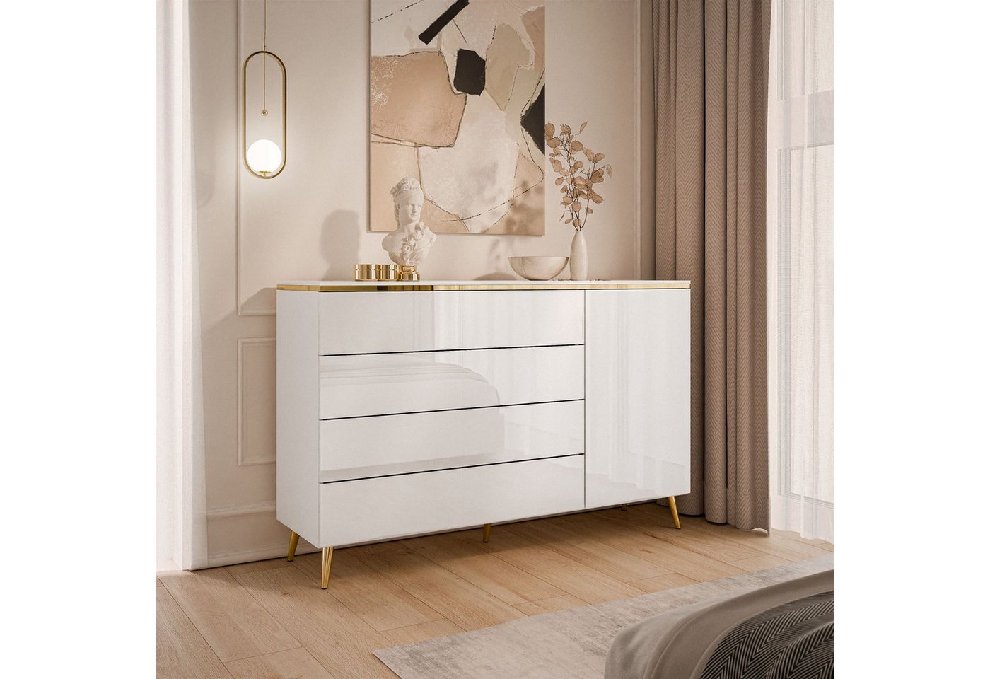 Lookway Kommode AURORA 4S1D weiß glänzend Anrichte mit Schubladen, Breite: 140 cm, Tiefe: 40 cm – Bild 2 von 5