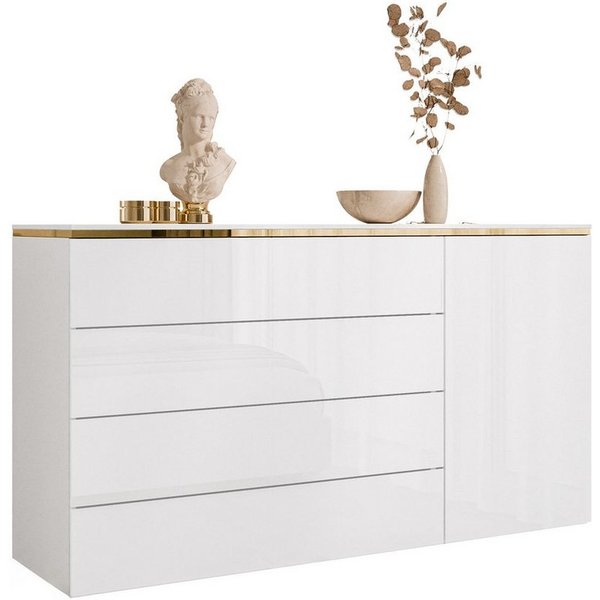 Lookway Kommode AURORA 4S1D weiß glänzend Anrichte mit Schubladen, Breite: 140 cm, Tiefe: 40 cm