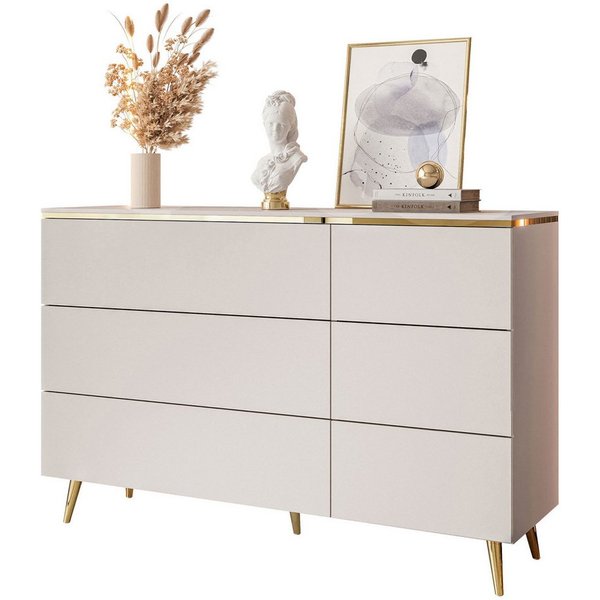Lookway Kommode AURORA 6S in Kaschmir mit goldener Leiste, Breite: 138 cm, Tiefe: 40 cm
