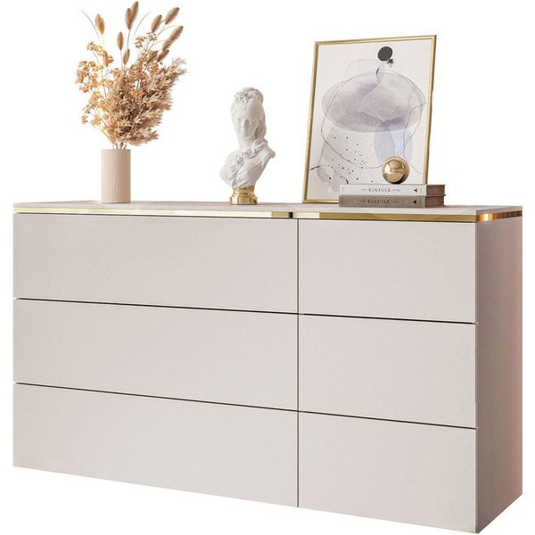 Lookway Kommode AURORA 6S in Kaschmir mit goldener Leiste, Breite: 138 cm, Tiefe: 40 cm