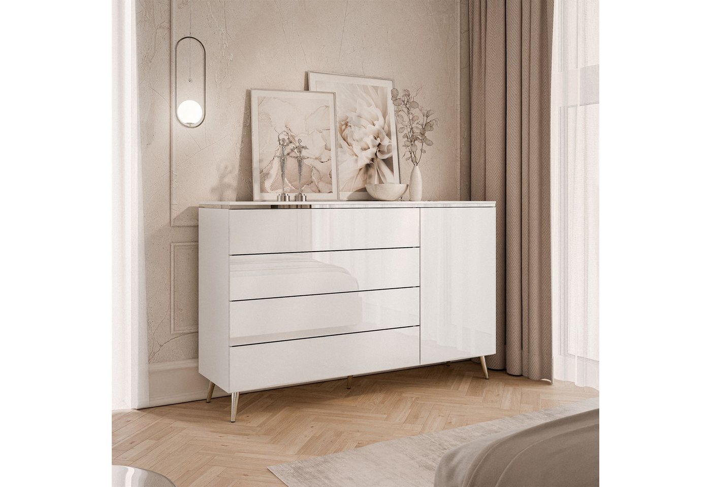 Lookway Kommode AURORA SILVER 1D4S mit Schubladen und Metallbeinen, Breite: 140 cm, Höhe: 76/90/94,5 cm, Tiefe: 40 cm – Bild 4 von 5