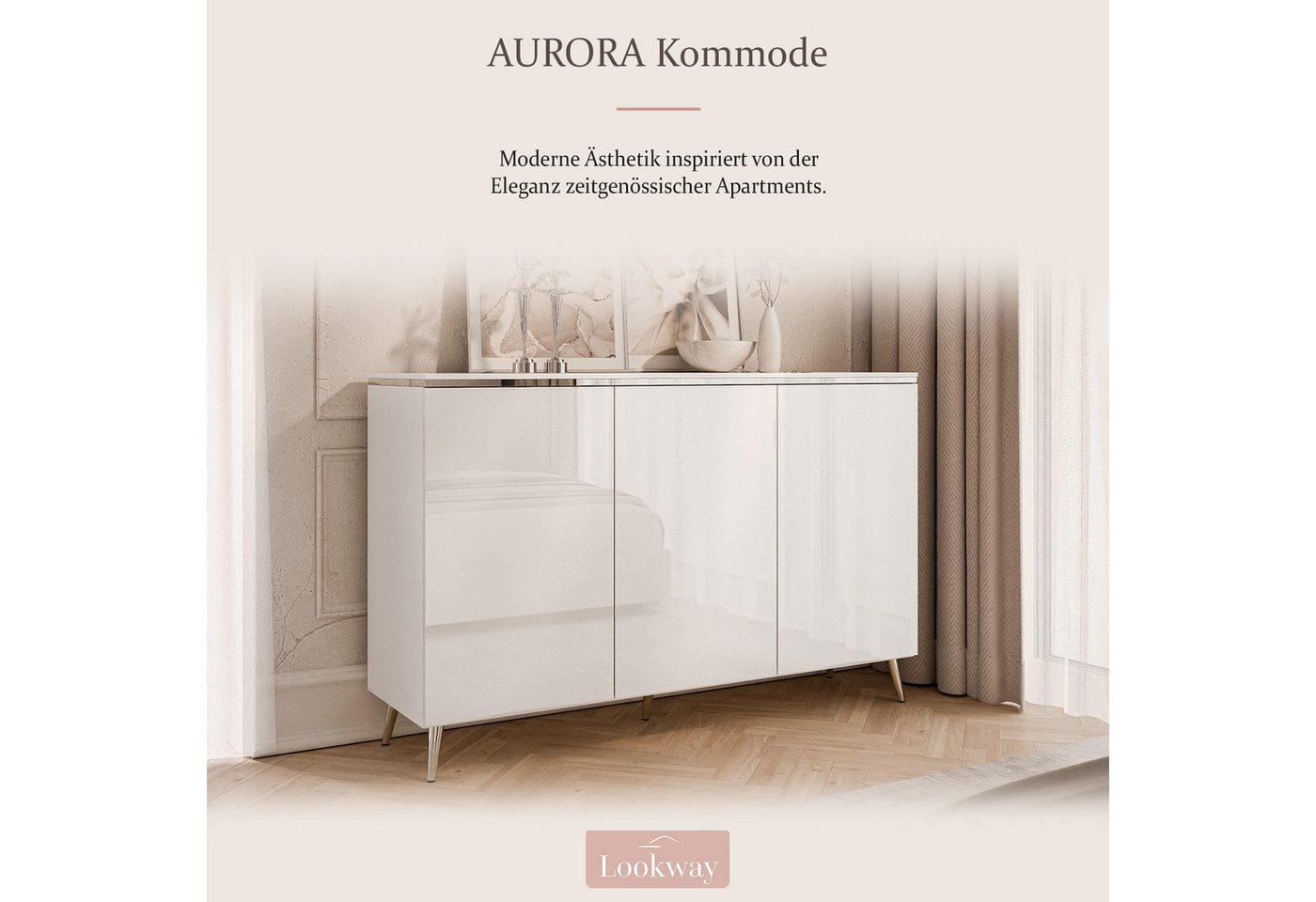 Lookway Kommode AURORA SILVER 3D mit Griffloses Öffnungssystem, 140x76/90/94,5x40 cm – Bild 2 von 5