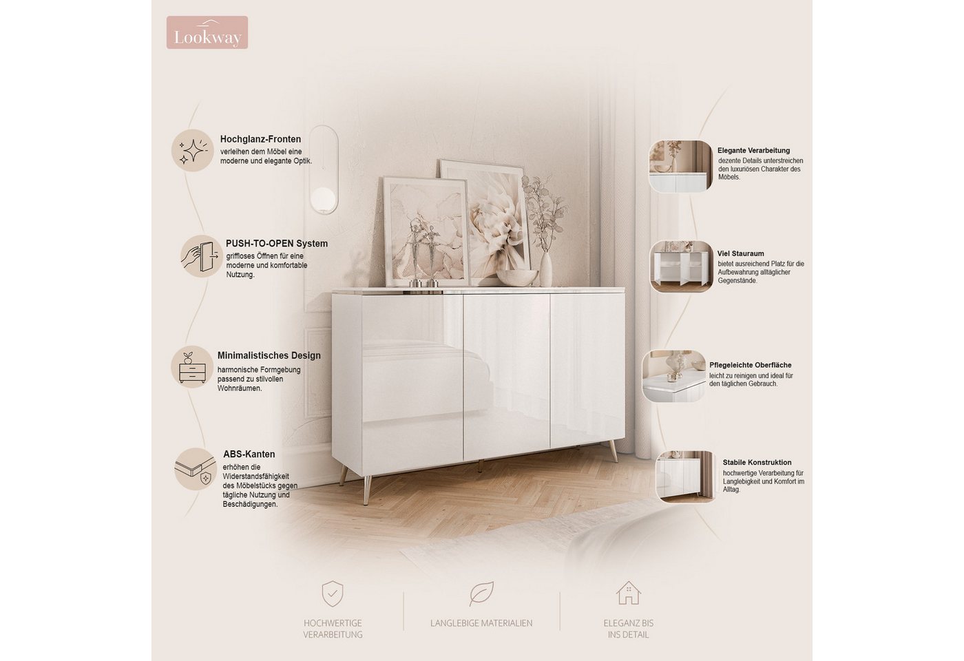 Lookway Kommode AURORA SILVER 3D mit Griffloses Öffnungssystem, 140x76/90/94,5x40 cm – Bild 3 von 5