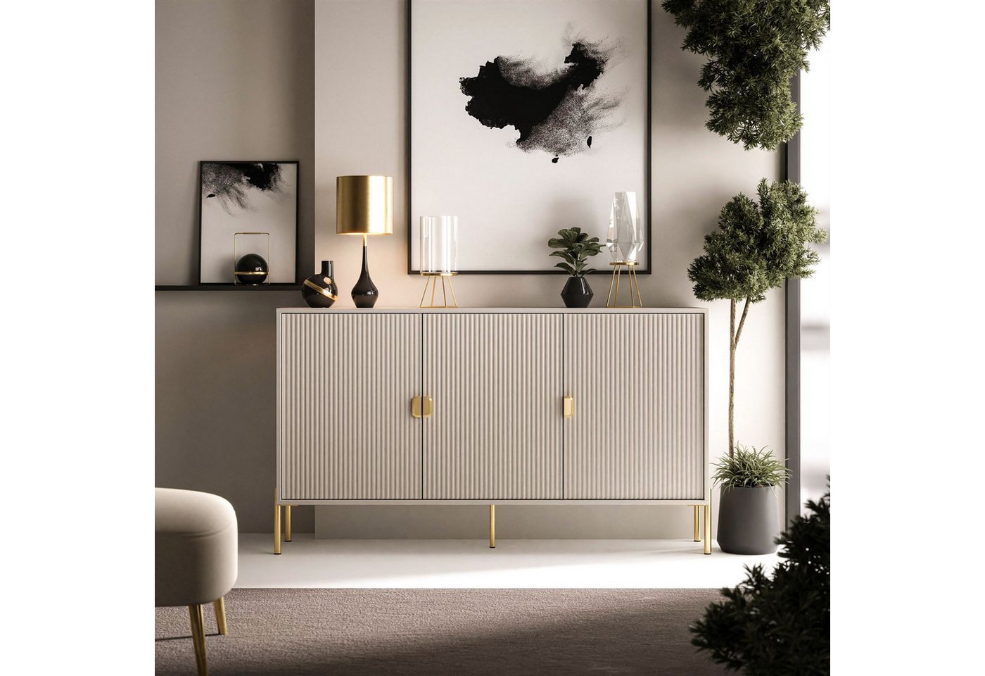 Lookway Kommode DALIA 3D Dreitürkommode mit Riffel-Front, 154x84x49 cm – Bild 3 von 5