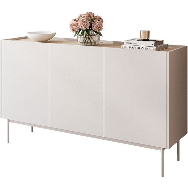 Lookway Kommode ESSENCE 3D K144 Dreitürig Anrichte Kaschmir / Eiche Linea, 144x37x83 cm