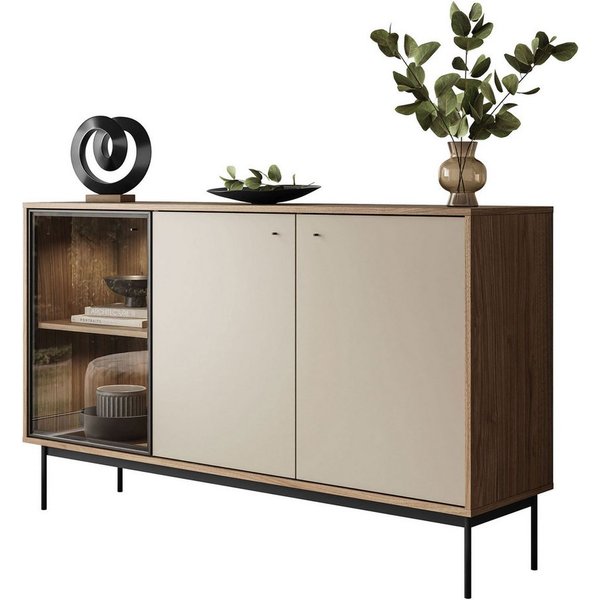 Lookway Kommode ISA 3D Sideboard mit drei Türen und LED-Beleuchtung, 151x90x40 cm