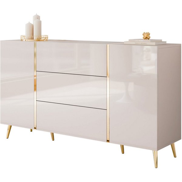 Lookway Kommode mit Schubladen ONYX Kaschmir auf goldenen Beinen, Hochglanz, 158 cm, 158x41,3x88 cm