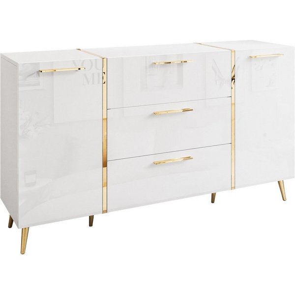 Lookway Kommode ONYX goldene Beine Hochglanz Push-Open / Goldgriffe 158 cm, 158x41x88 cm