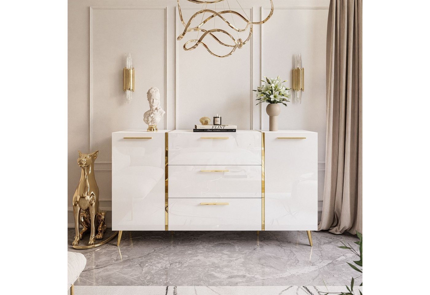 Lookway Kommode ONYX goldene Beine Hochglanz Push-Open / Goldgriffe 158 cm, 158x41x88 cm – Bild 2 von 5