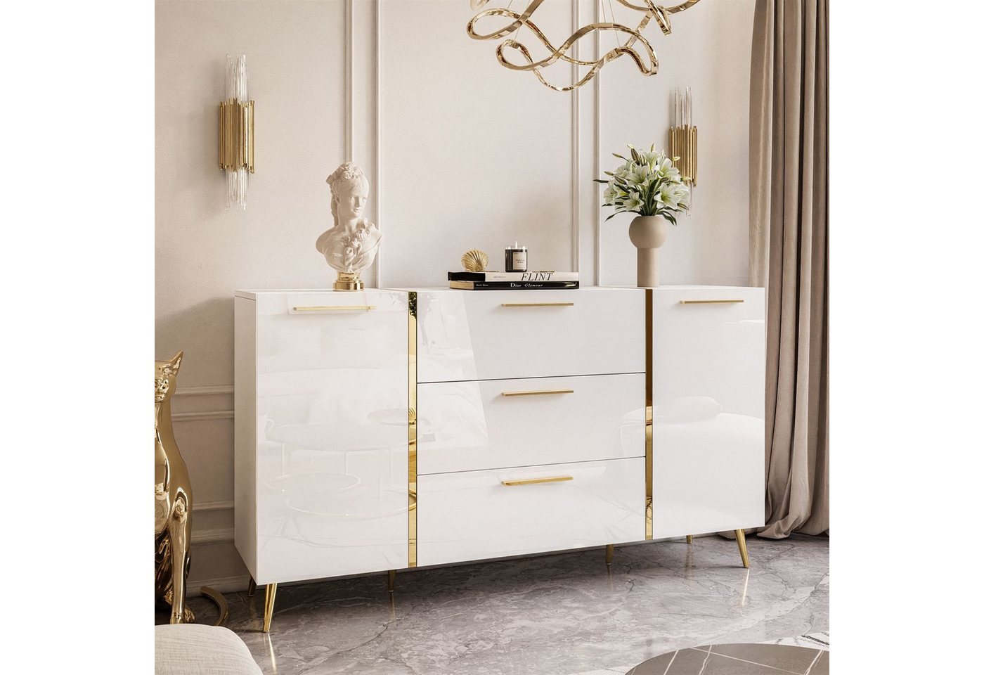 Lookway Kommode ONYX goldene Beine Hochglanz Push-Open / Goldgriffe 158 cm, 158x41x88 cm – Bild 3 von 5
