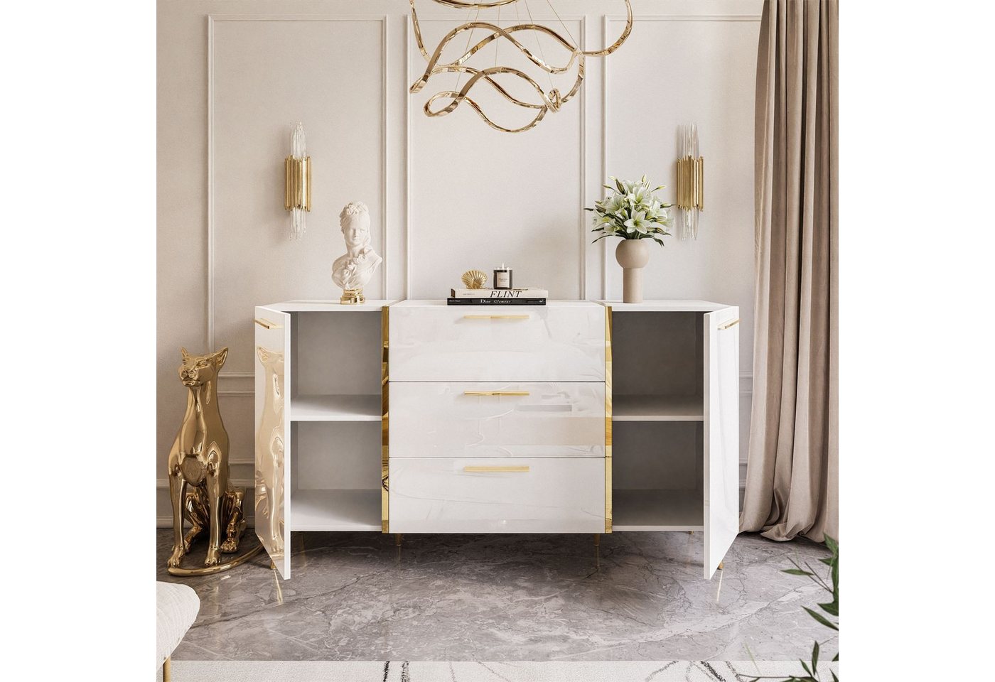 Lookway Kommode ONYX goldene Beine Hochglanz Push-Open / Goldgriffe 158 cm, 158x41x88 cm – Bild 4 von 5