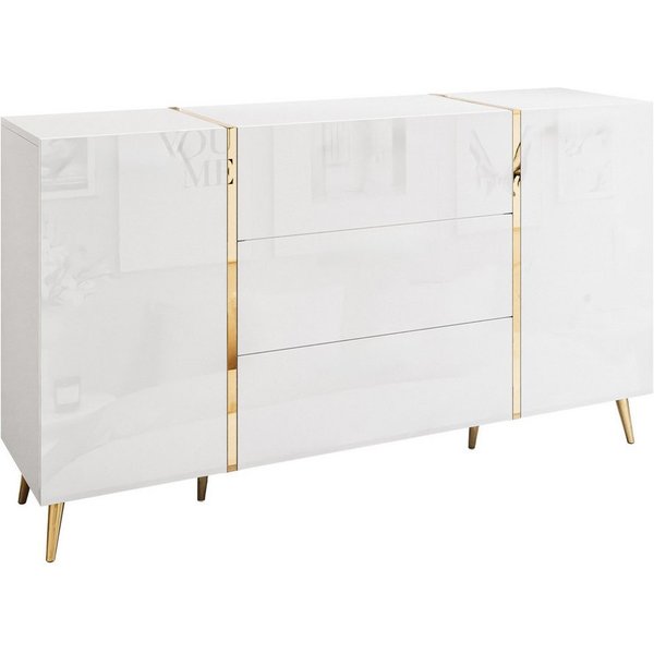 Lookway Kommode ONYX goldene Beine Hochglanz Push-Open / Goldgriffe 158 cm, 158x41x88 cm