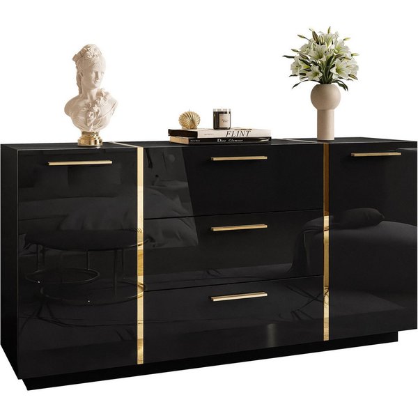 Lookway Kommode ONYX Hochglanz mit Goldgriffe, 158x41,3x81 cm
