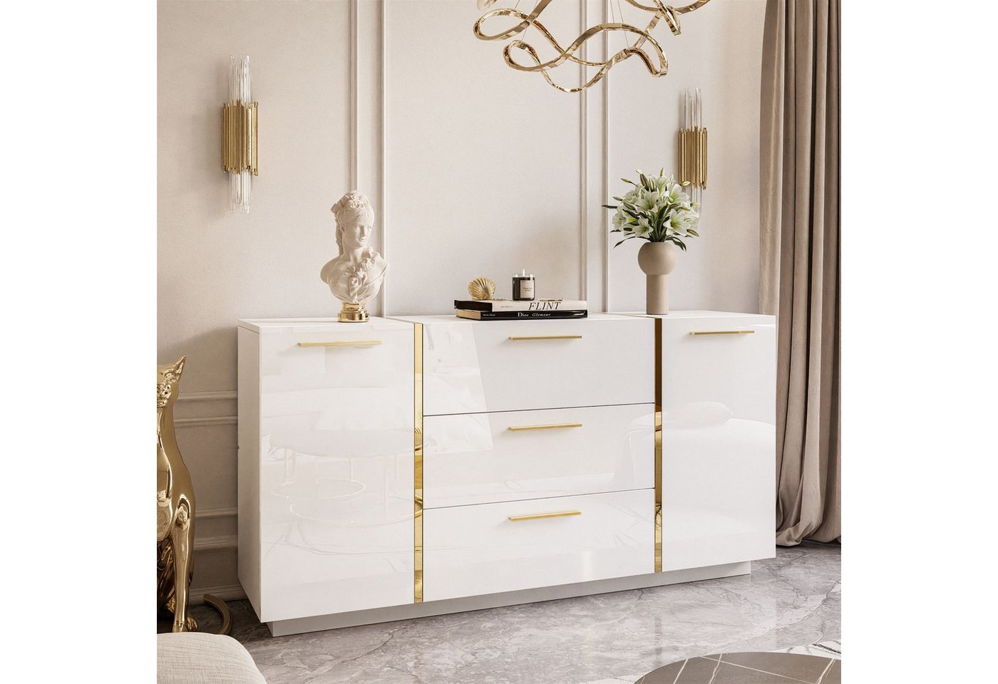 Lookway Kommode ONYX Hochglanz mit Goldgriffe, 158x41,3x81 cm – Bild 2 von 5