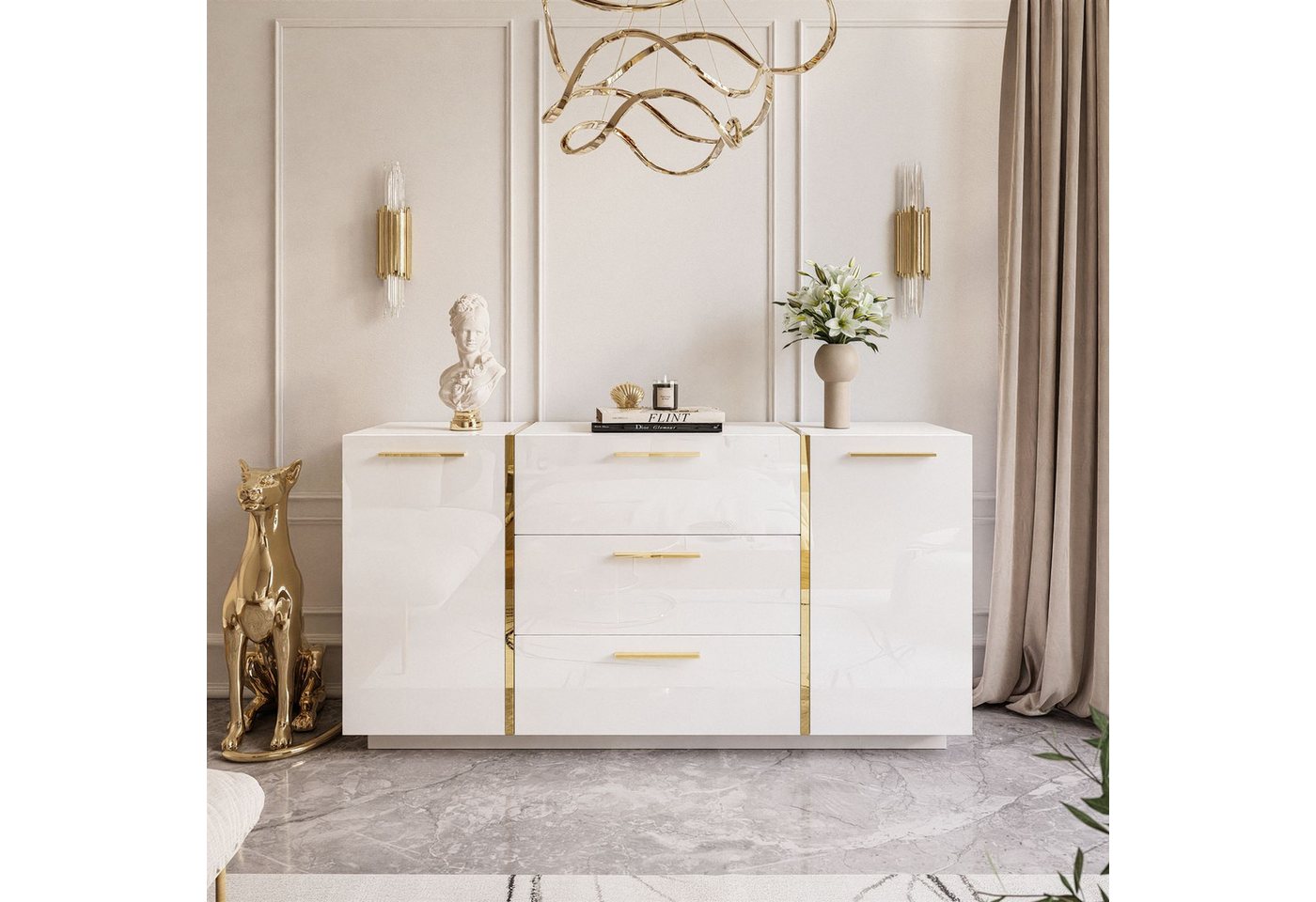Lookway Kommode ONYX Hochglanz mit Goldgriffe, 158x41,3x81 cm – Bild 3 von 5