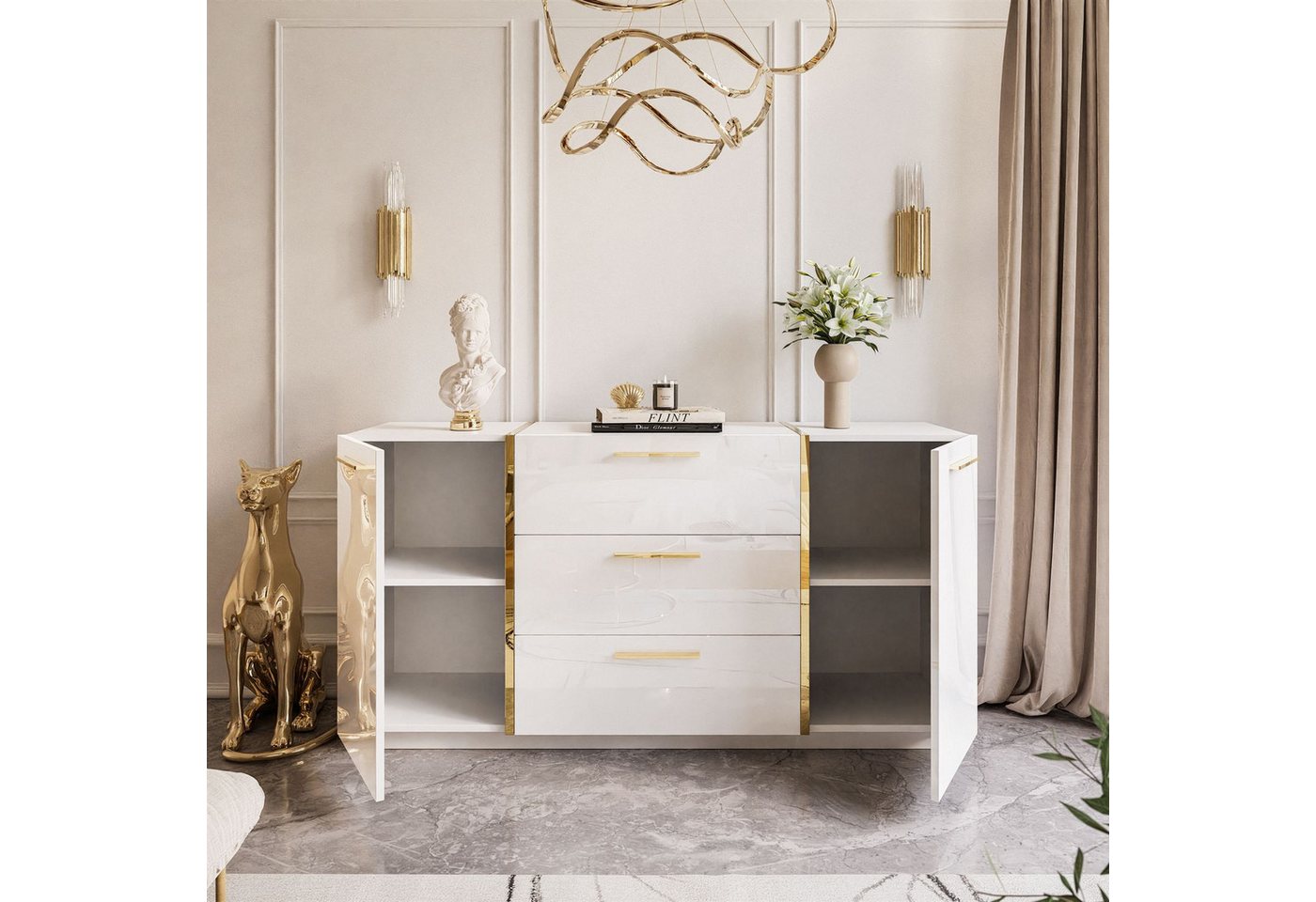 Lookway Kommode ONYX Hochglanz mit Goldgriffe, 158x41,3x81 cm – Bild 4 von 5