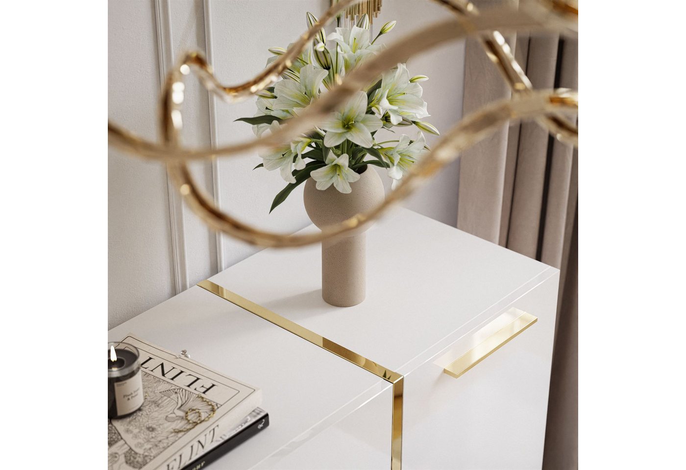 Lookway Kommode ONYX Hochglanz mit Goldgriffe, 158x41,3x81 cm – Bild 5 von 5