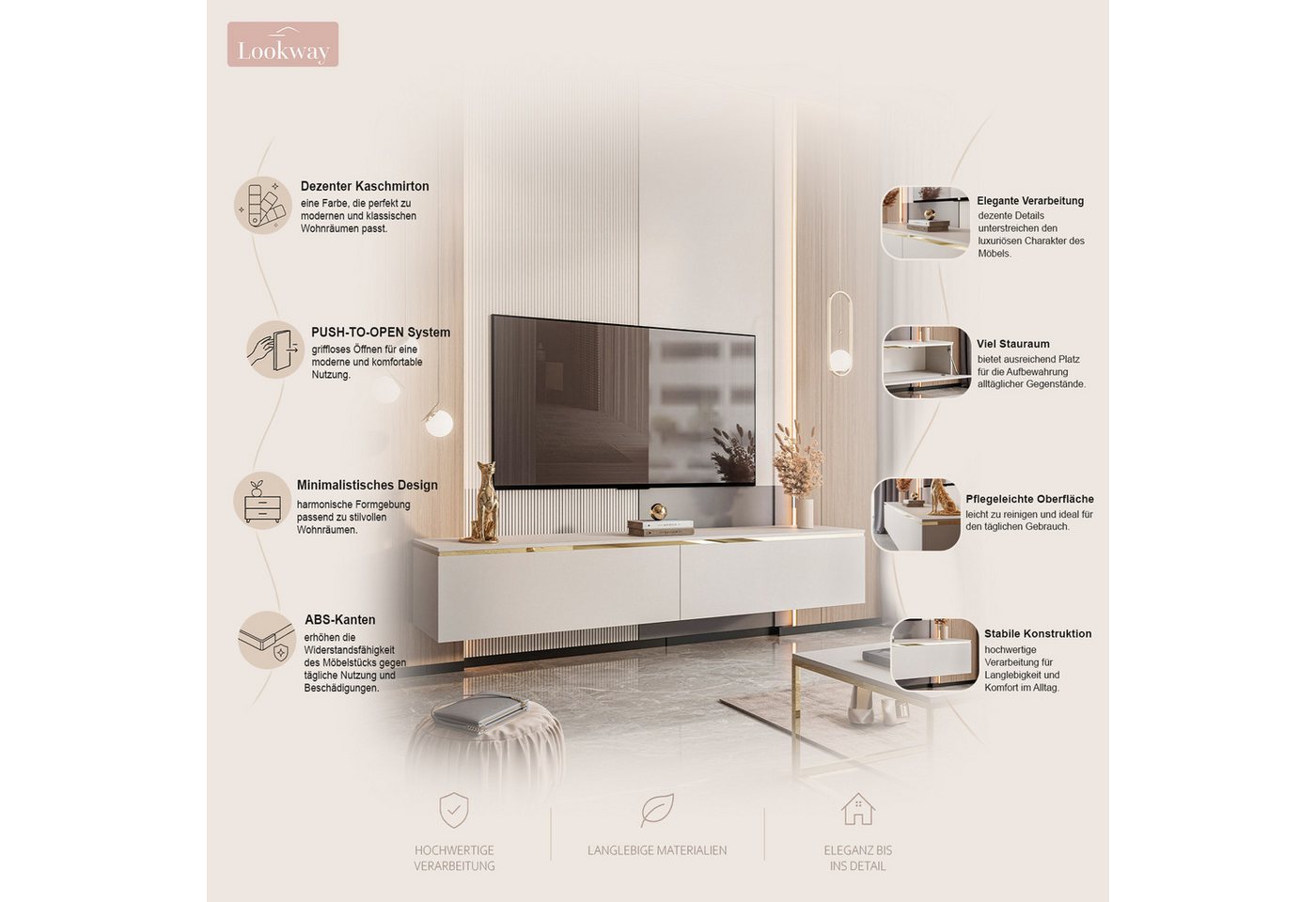 Lookway Lowboard AURORA Kaschmir Hängende TV-Schrank oder auf Beinen 180 cm, 180x32/45/46x40 – Bild 3 von 5